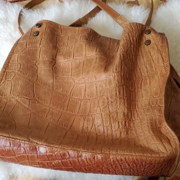 american leather Handbags - American Made Lennox Triple Tan Leather Shoulder Bag with Crocodile Embossing